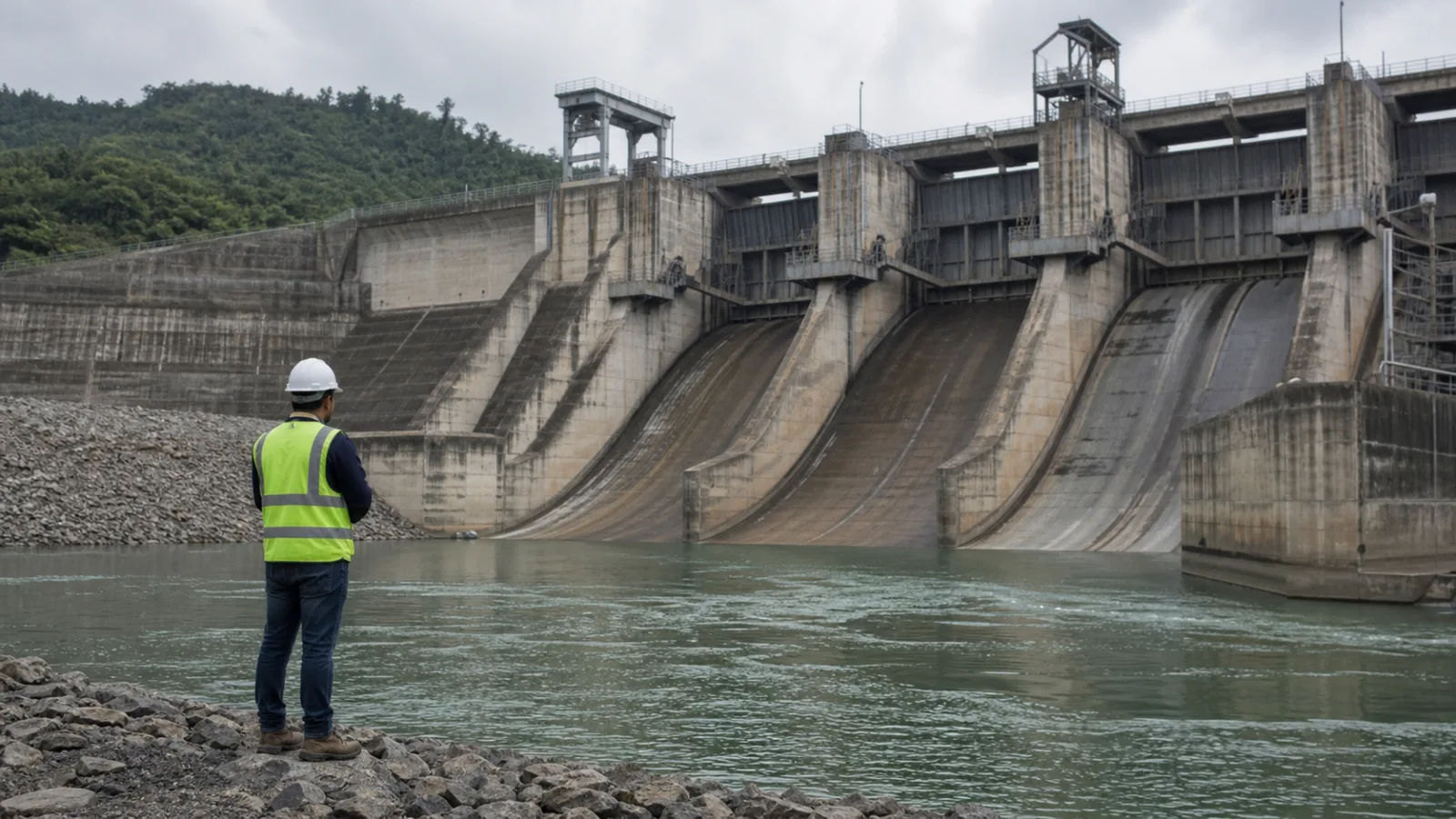 ラオスの水力発電ダムで放水路を点検する保守員