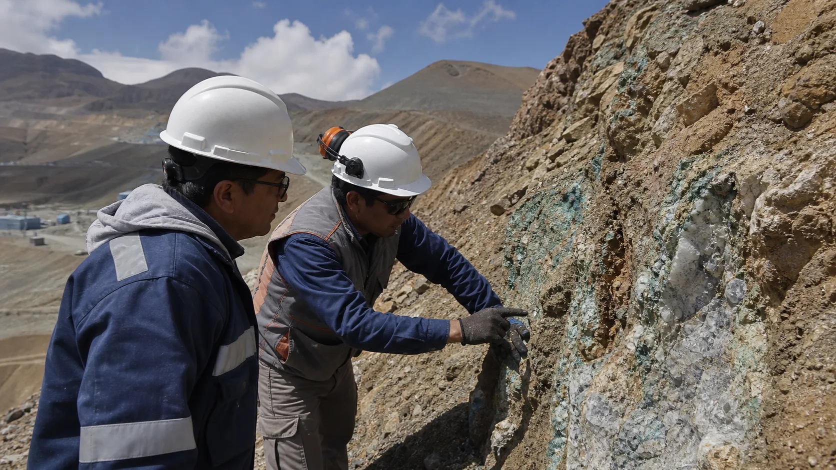 ペルー高地の銅鉱山で岩盤を確認する技術者