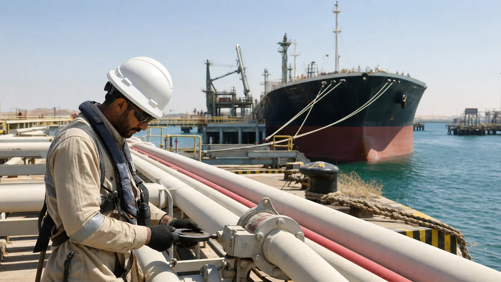 サウジアラビアの原油輸出港で接岸設備を点検する作業員