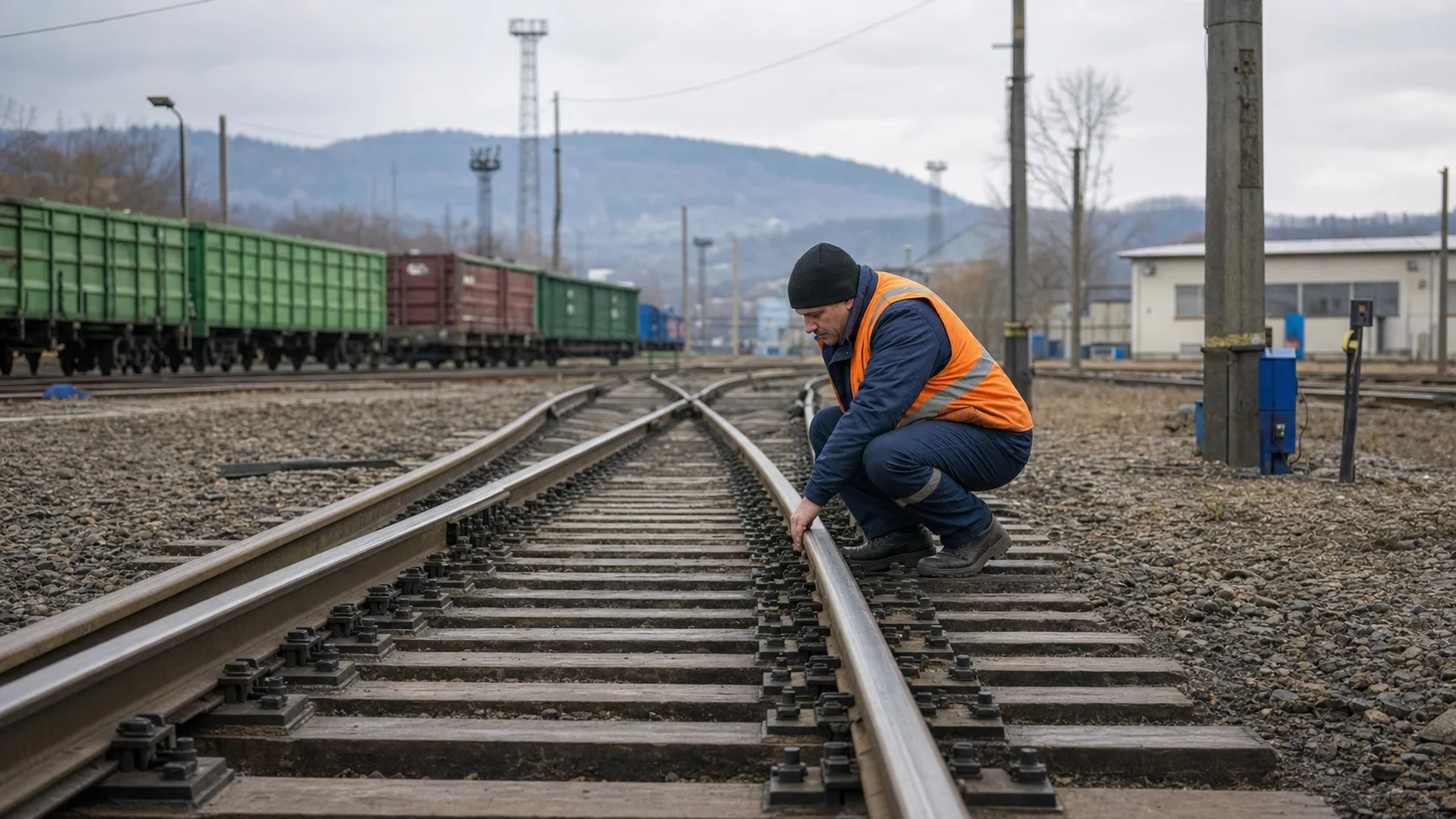 ウクライナ西部の鉄道貨物拠点で線路を点検する作業員