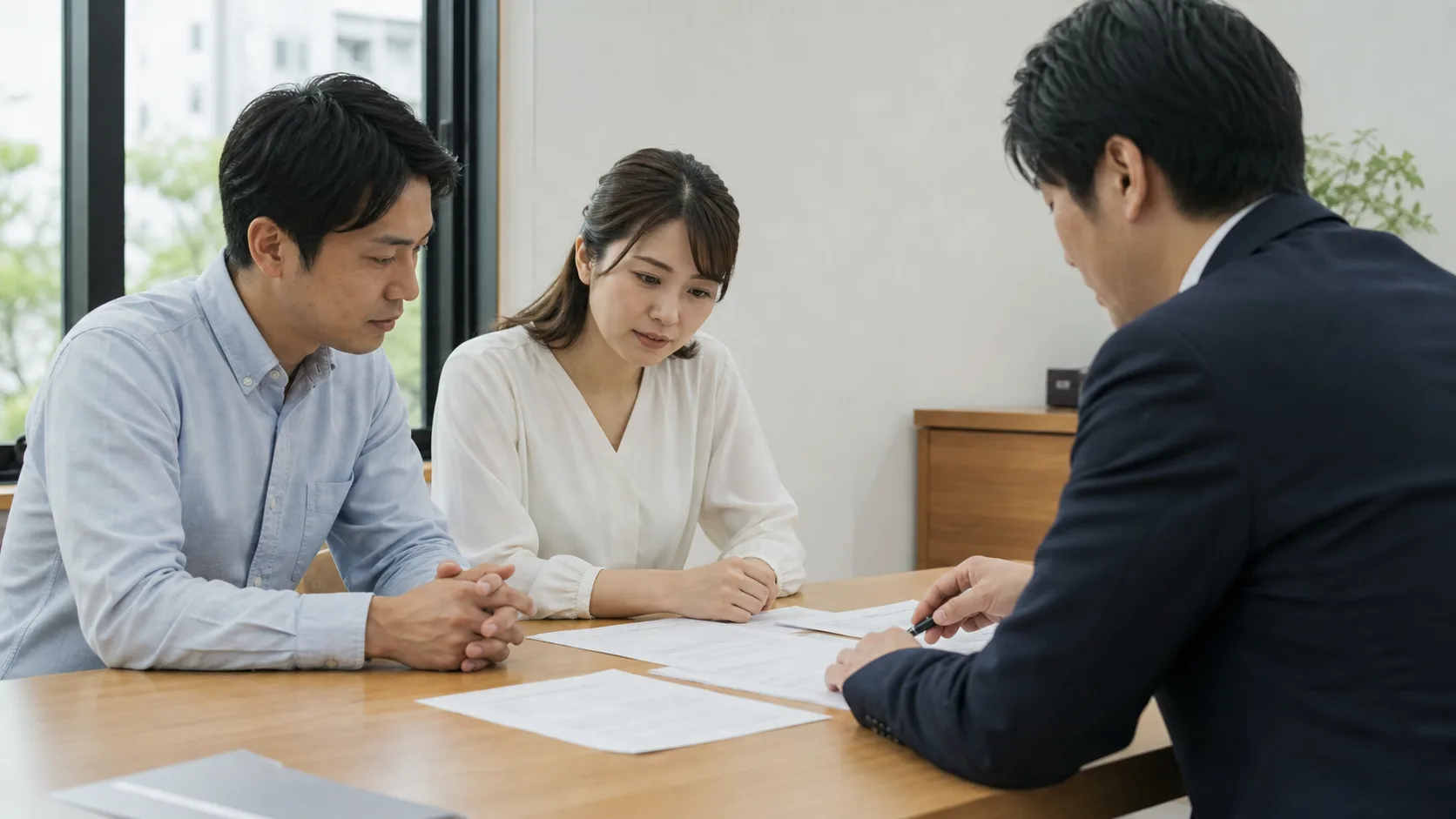 海外赴任を控えた夫婦が税務担当者と書類を確認する場面
