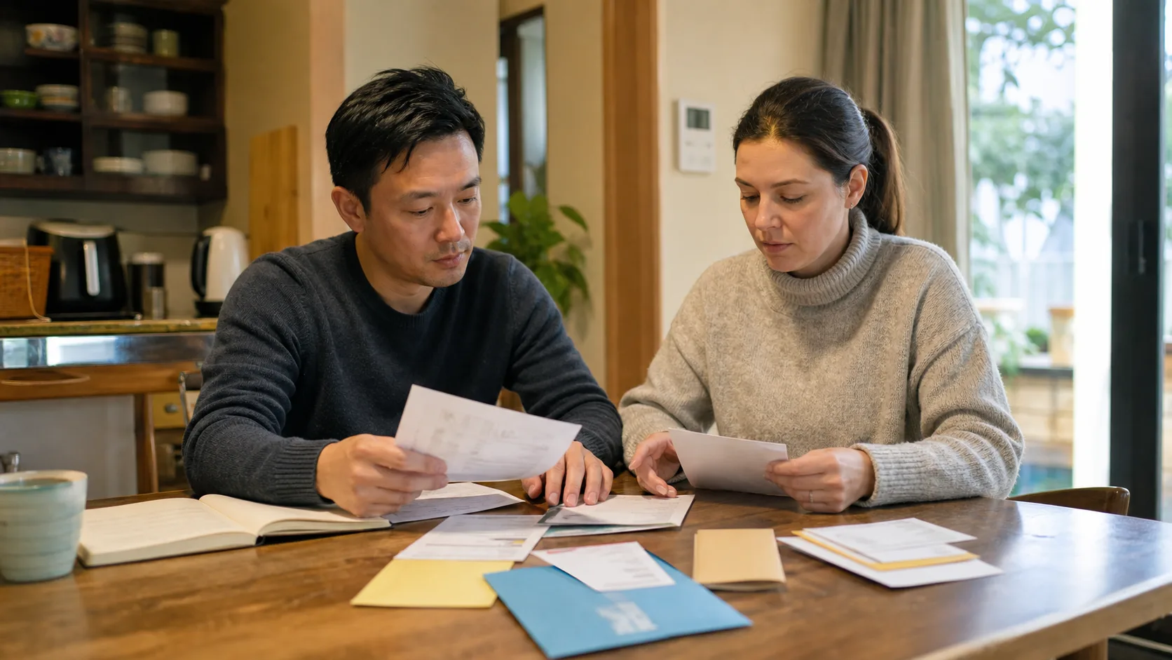 国際家庭の夫婦が食卓で家計書類を分類する場面