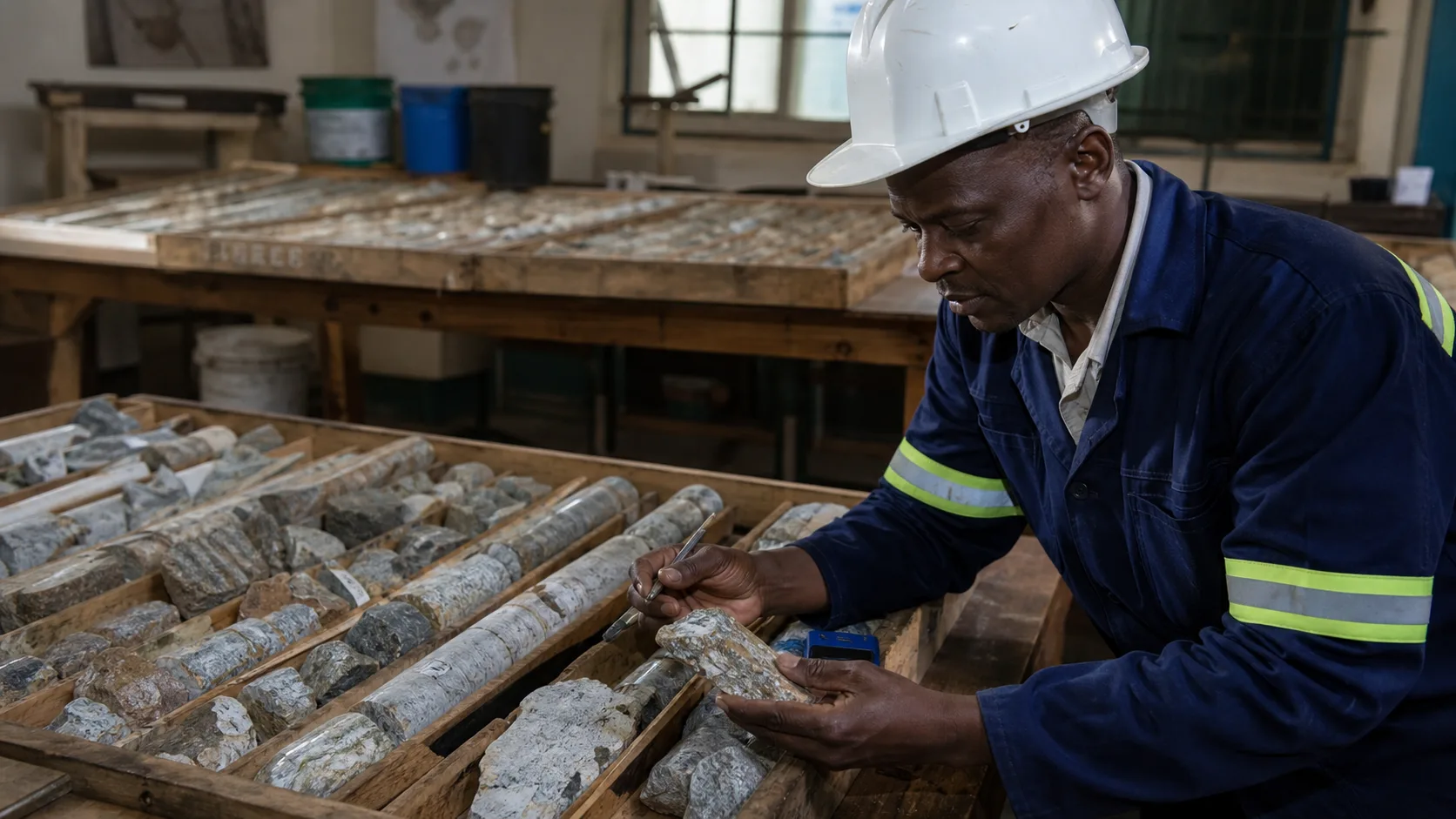 ジンバブエの金精錬施設で鉱石サンプルを確認する技術者