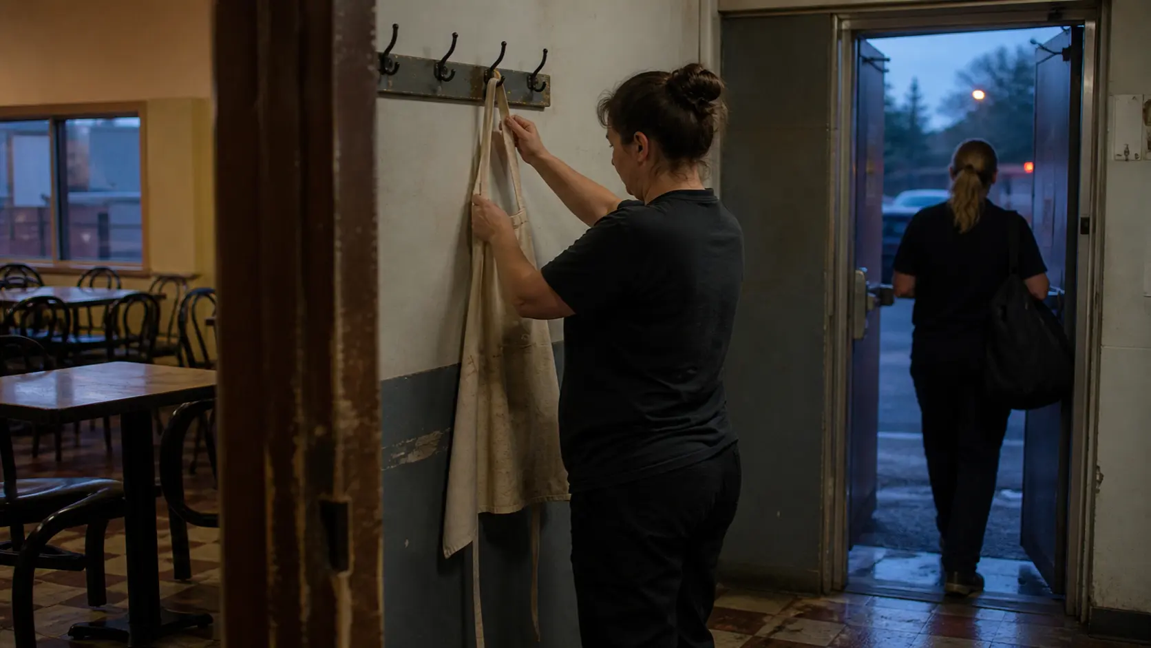 One adult hangs a worn apron beside a cafeteria exit as another adult walks away.
