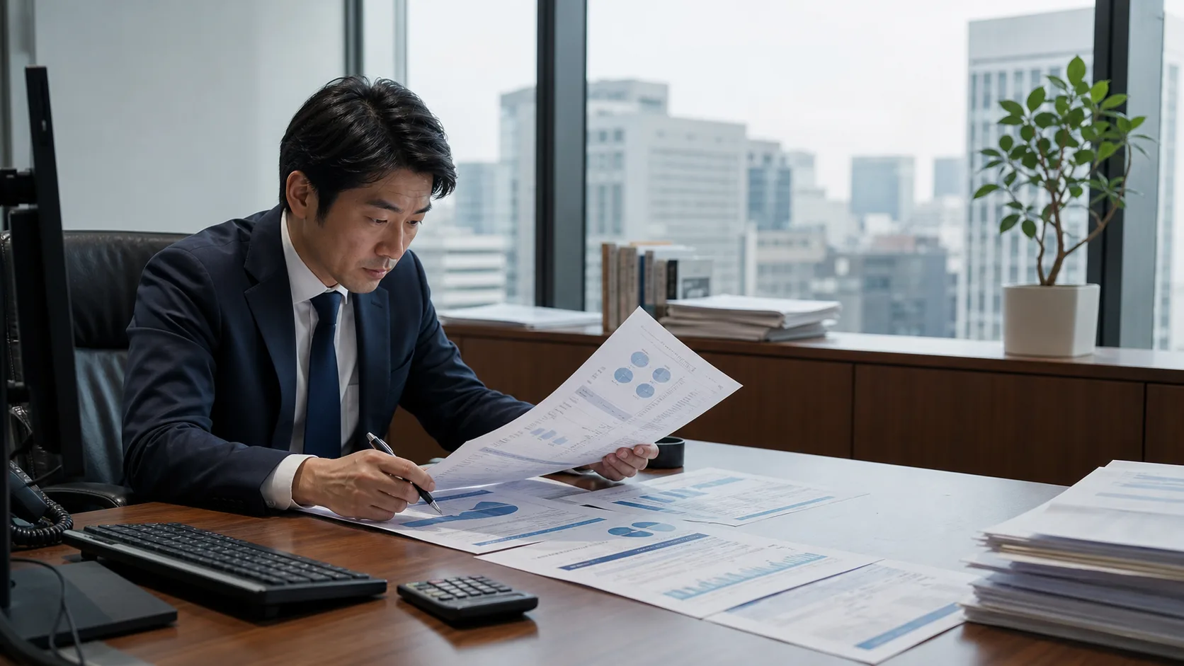 東京のオフィスで機関投資家の資金配分資料を確認する運用担当者