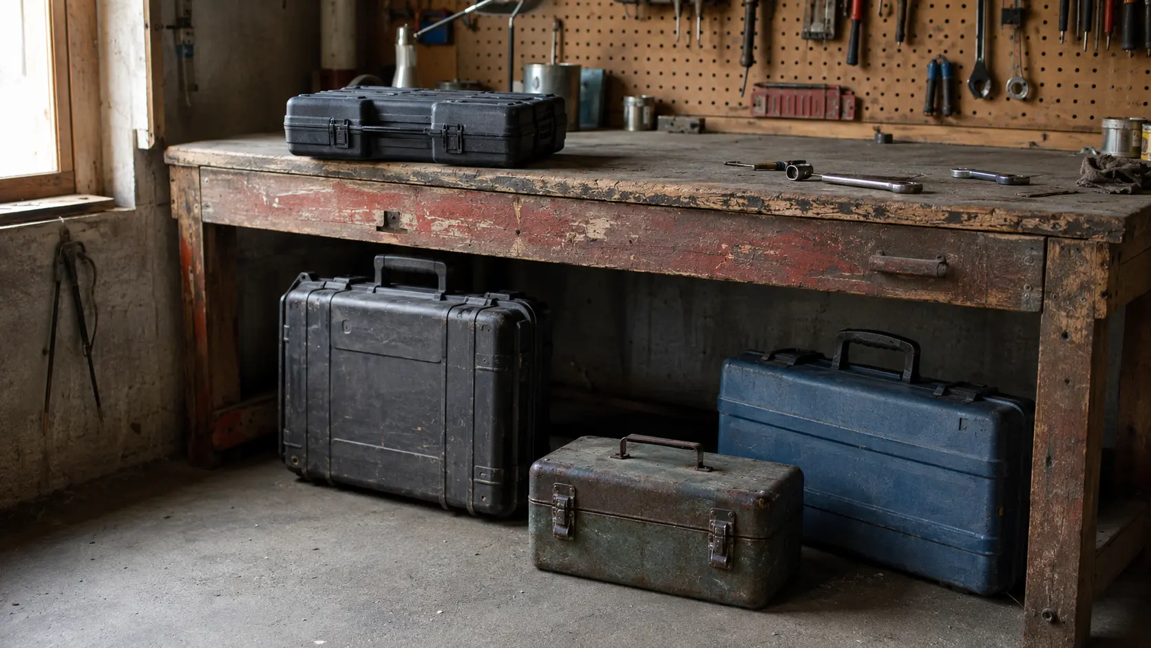 Four closed tool cases of different sizes rest on and beneath a worn workshop bench.