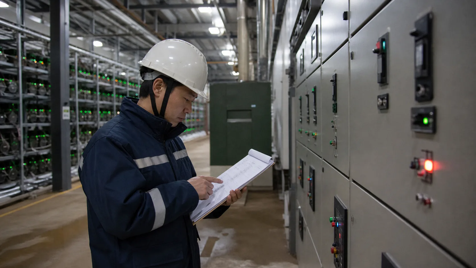 採掘施設の配電設備と電力記録を確認する運用担当者