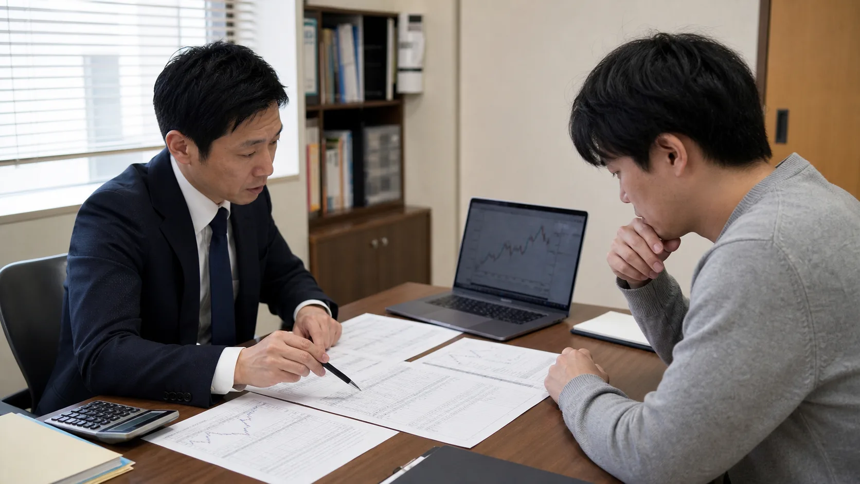 一年分の暗号資産取引記録を確認する税理士と納税者