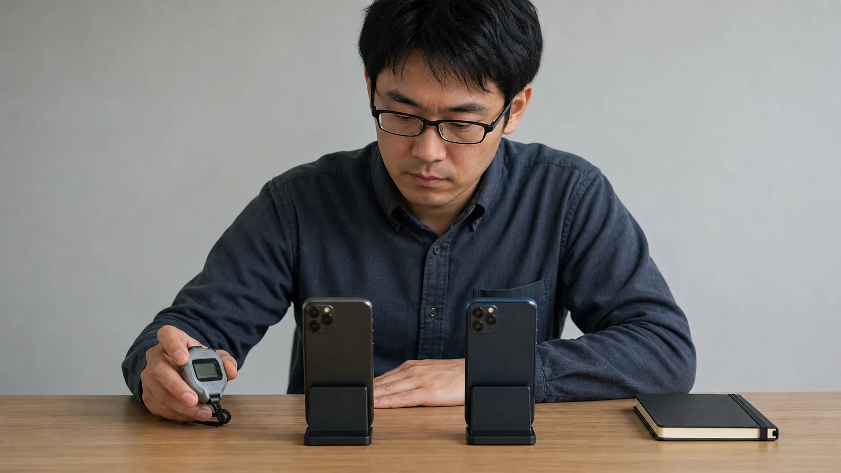 二台の端末で同一処理の所要時間を比較する検証担当者