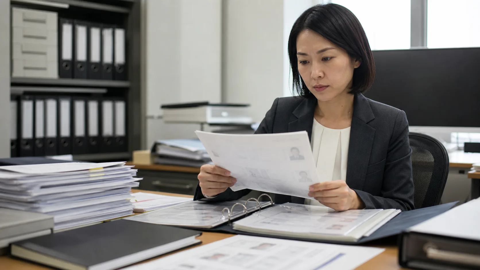 本人確認資料と暗号資産の取扱審査書類を確認する担当者