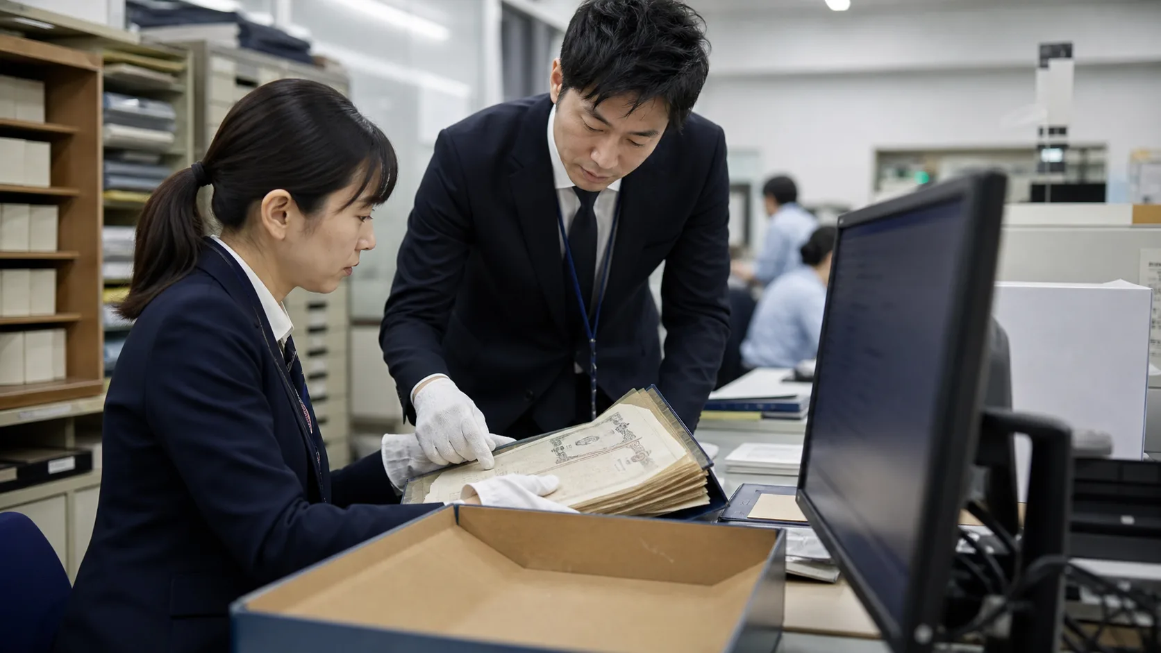 債券の保管資料とデジタル所有記録を照合する証券担当者