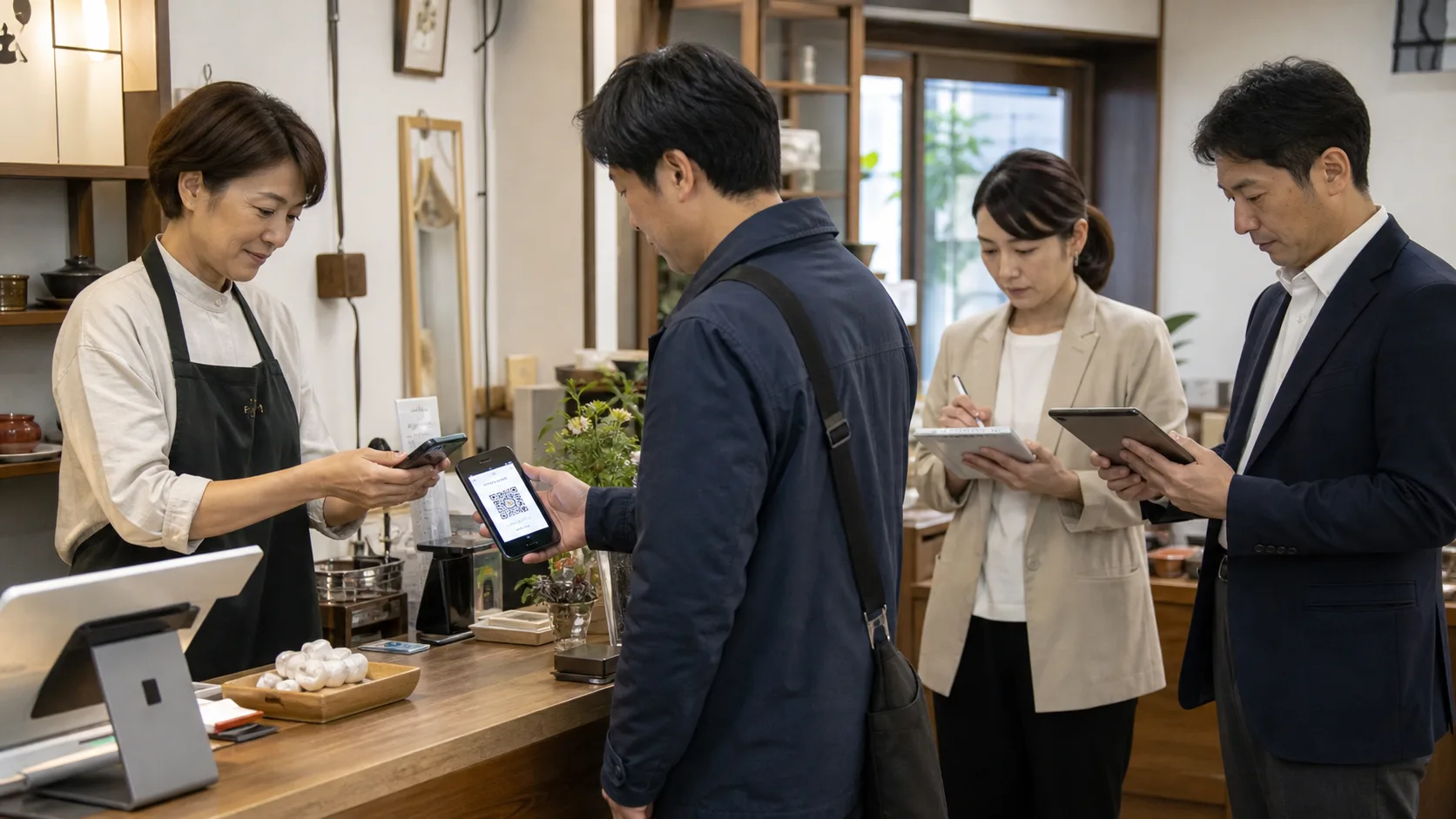 店舗でデジタル決済と会計記録を検証する様子
