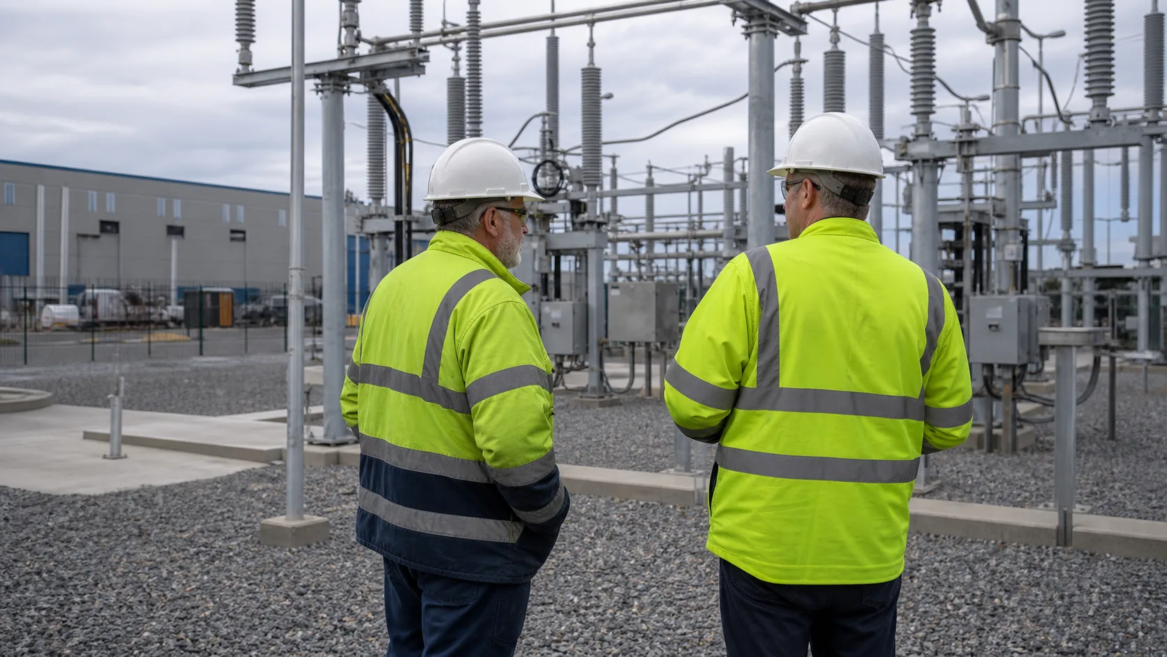 データセンターへ送電する変電所を点検する電力会社の担当者