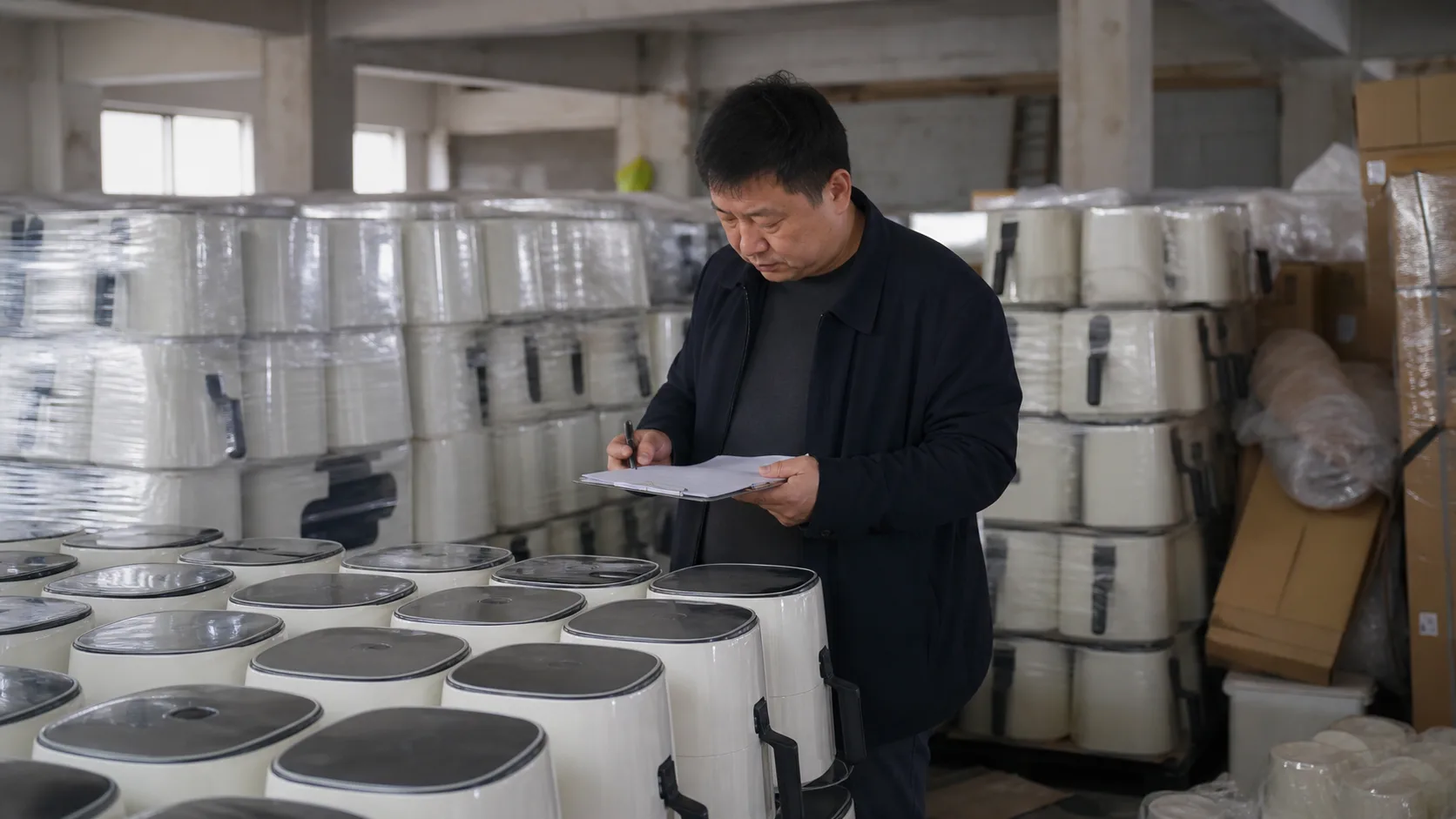 中国の倉庫で積み上がった家電在庫を確認する工場管理者
