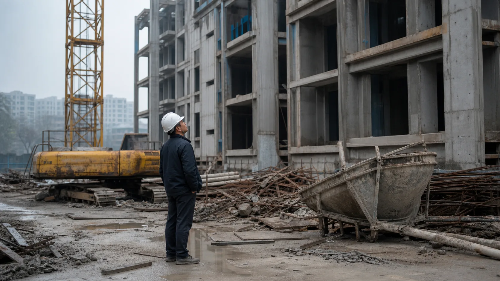工事が止まった中国の集合住宅建設現場を確認する施工担当者