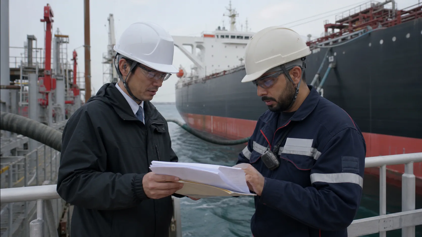 石油タンカーの荷揚げ書類を確認する日本の輸入担当者と港湾担当者