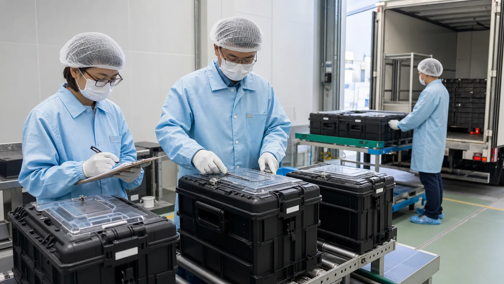 出荷前の半導体搬送ケースを検査する輸出担当者