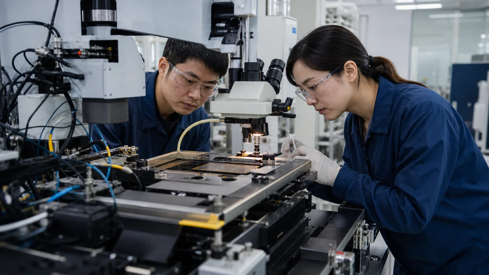 半導体研究室でプロセッサー試験装置を確認する技術者