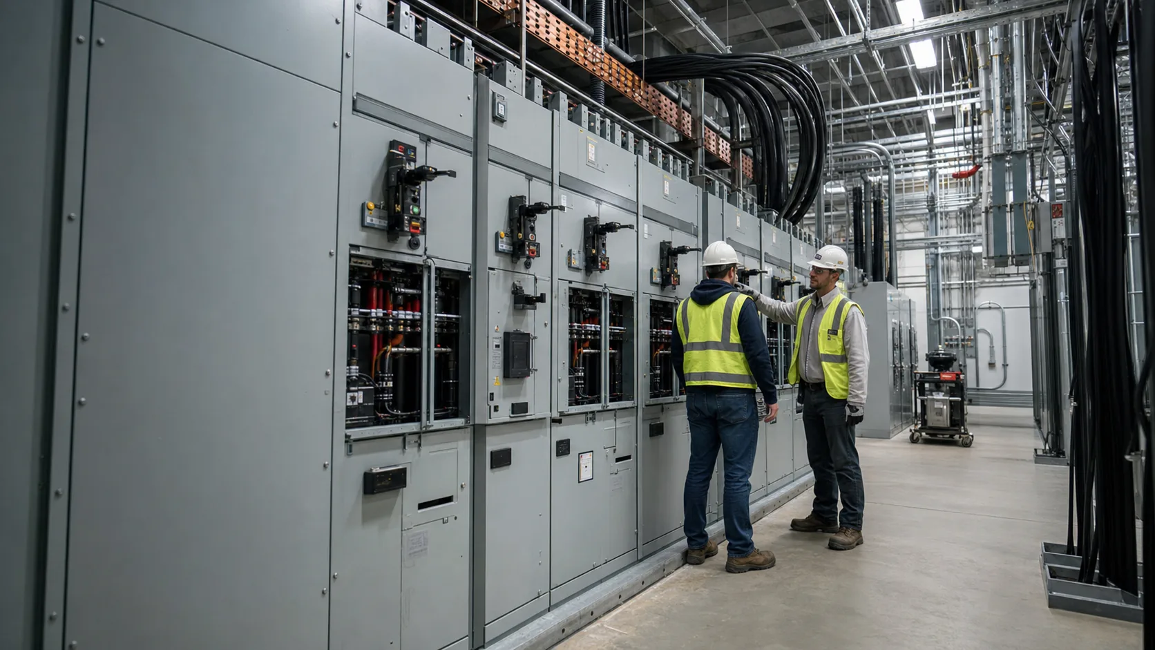 データセンターへ給電する高圧配電設備を点検する電気技術者