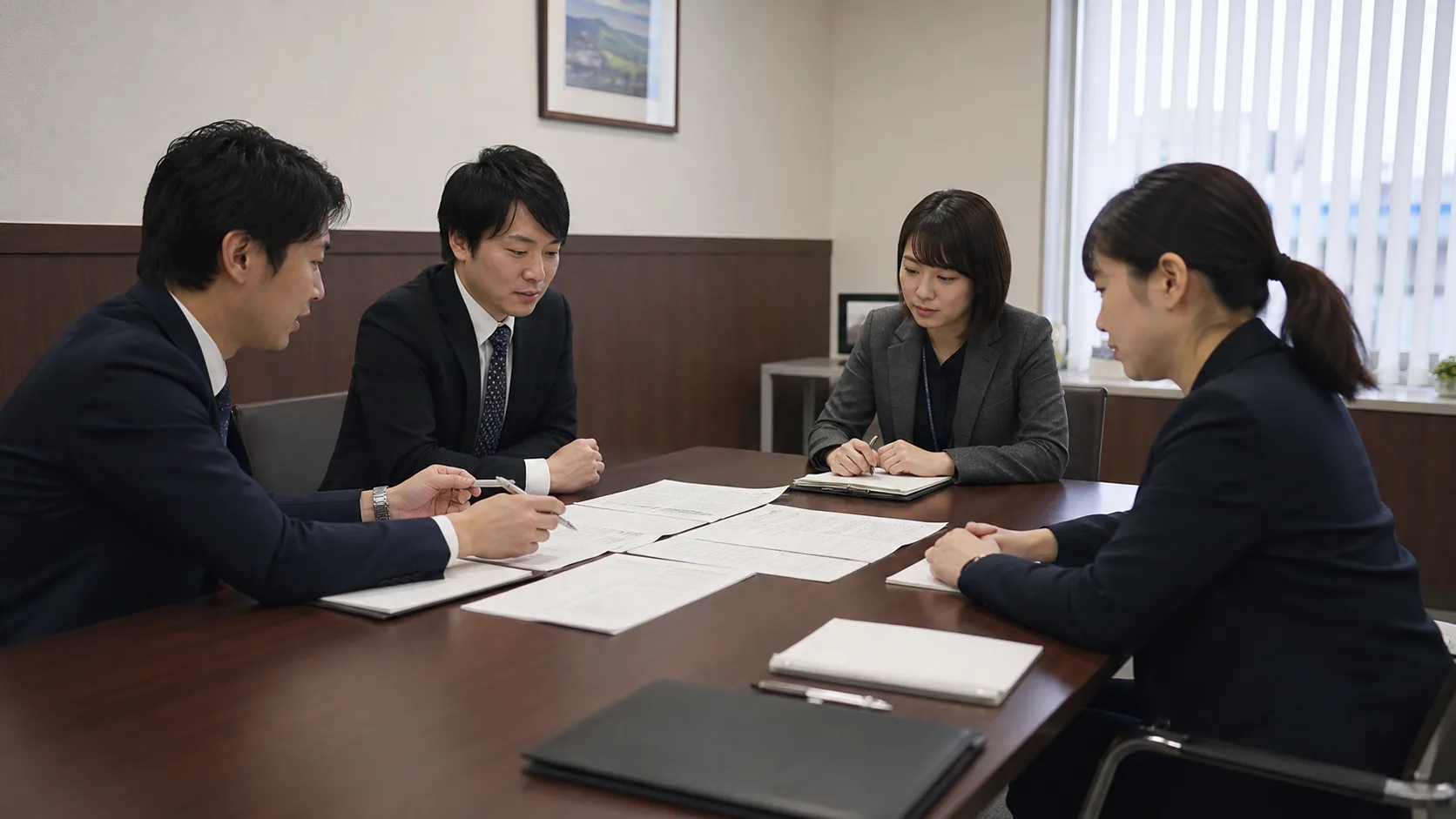 預金と融資条件を検討する日本の地方銀行担当者