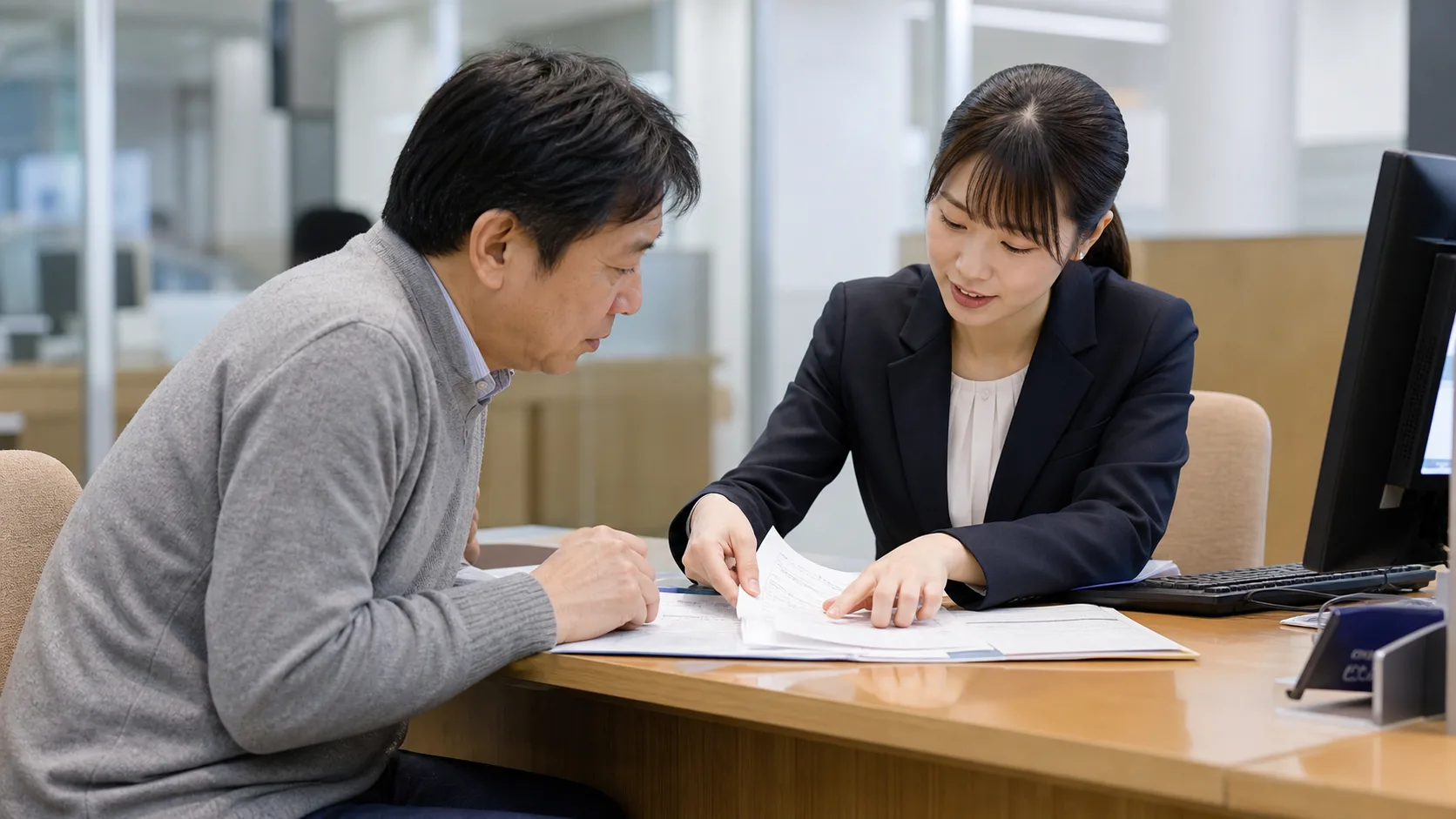 証券口座の移管書類を窓口担当者と確認する投資家