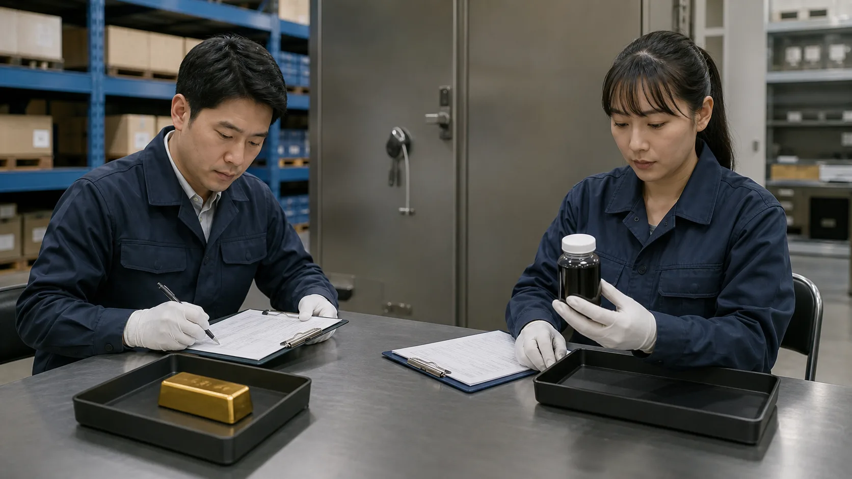 金地金と工業用原油サンプルの保管記録を確認する担当者