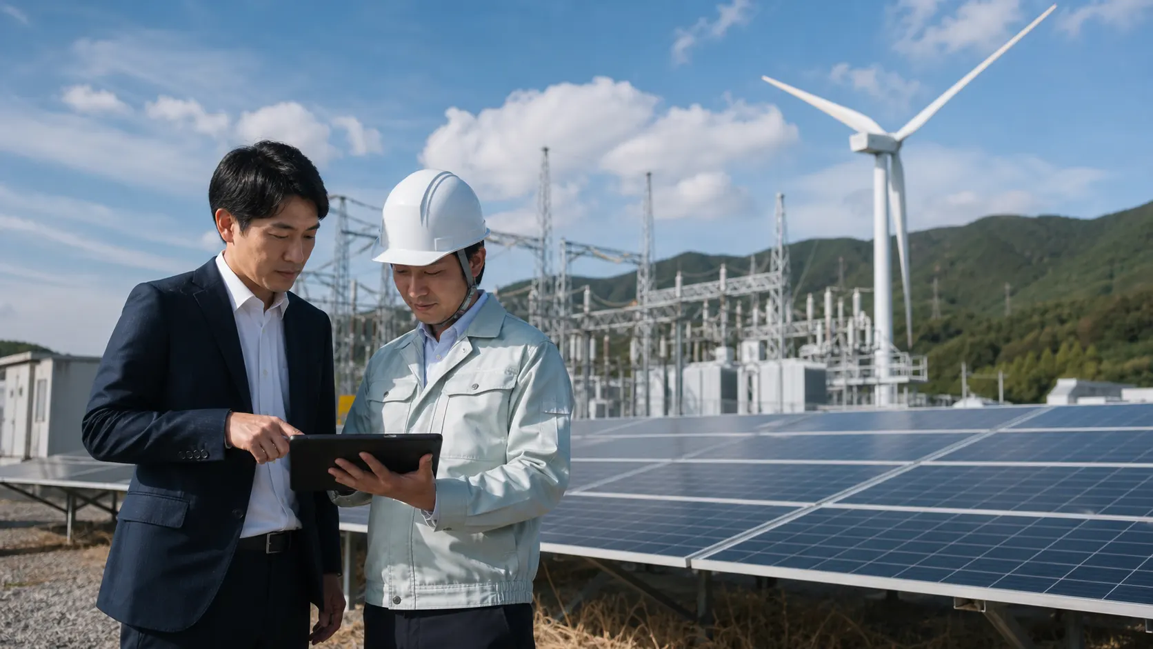 太陽光・風力・変電設備の稼働状況を現地確認する分析担当者と技術者