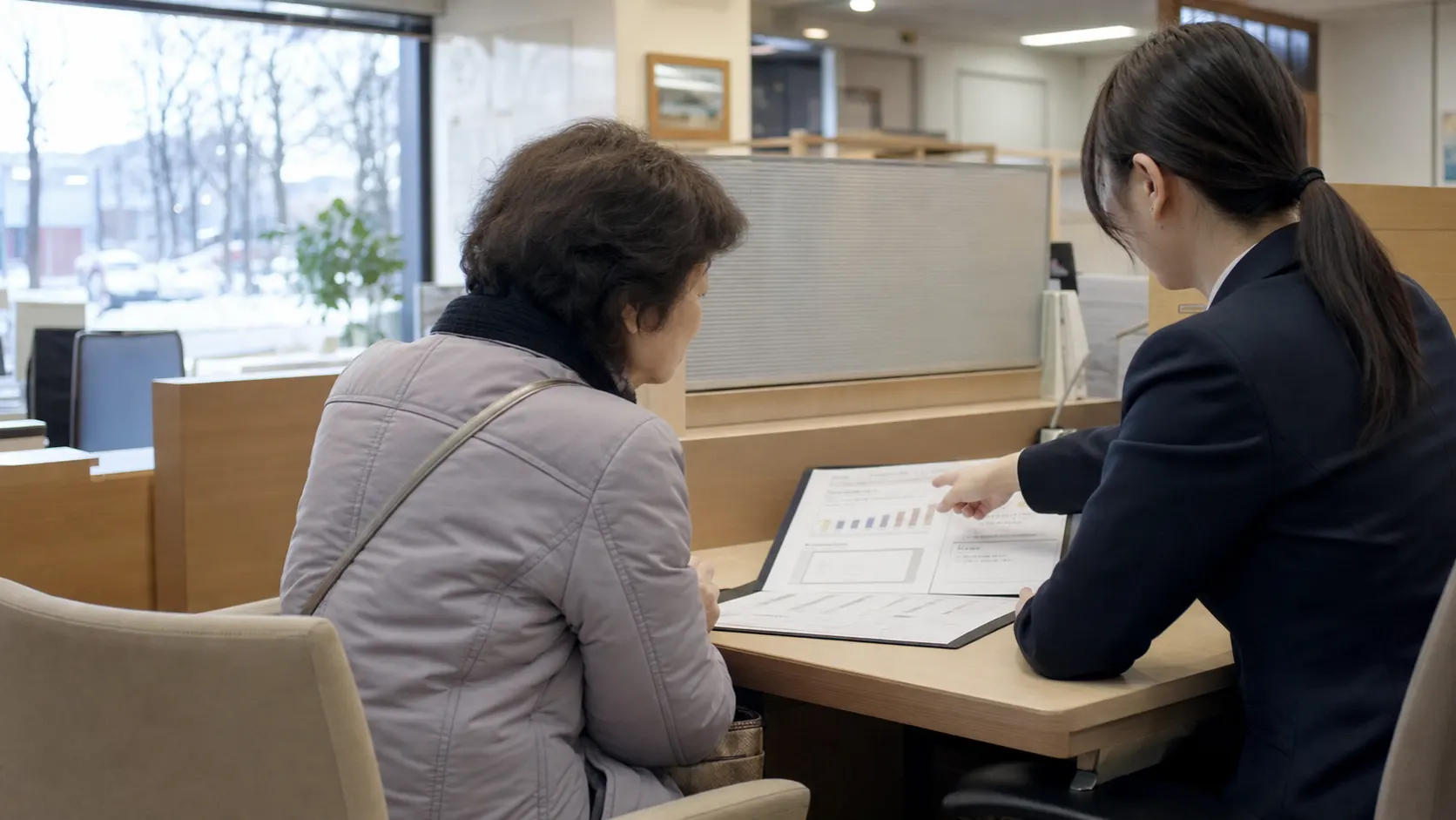 銀行窓口で個人向け国債の金利見直し条件を確認する利用者