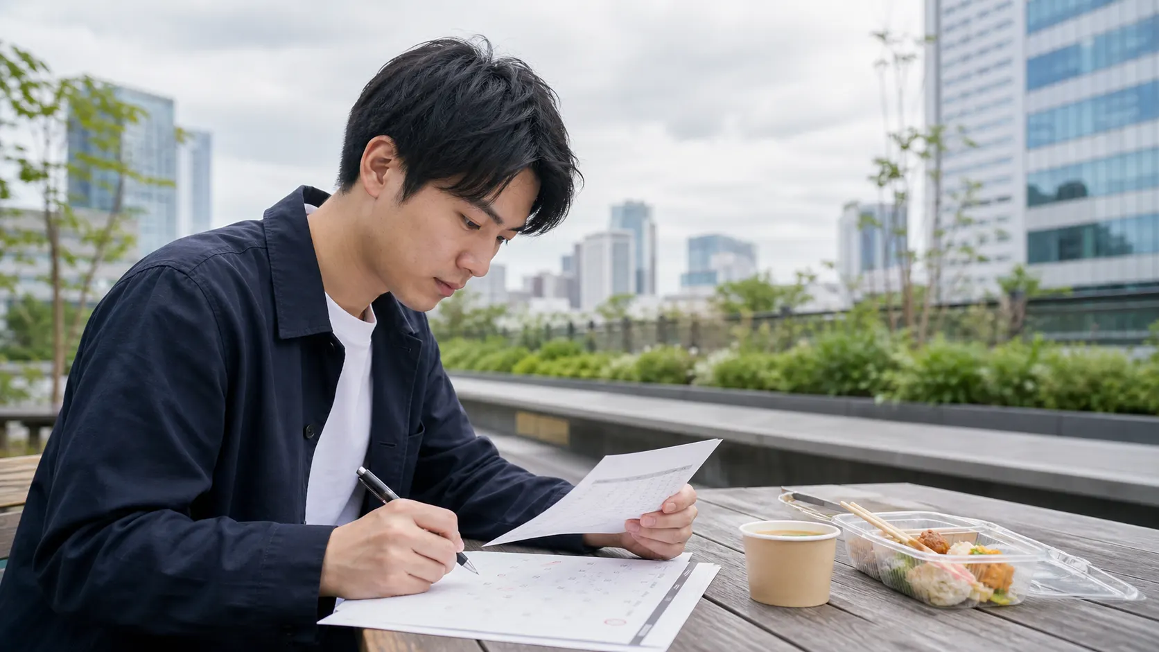 新NISAの年間投資計画と利用枠を昼休みに整理する会社員