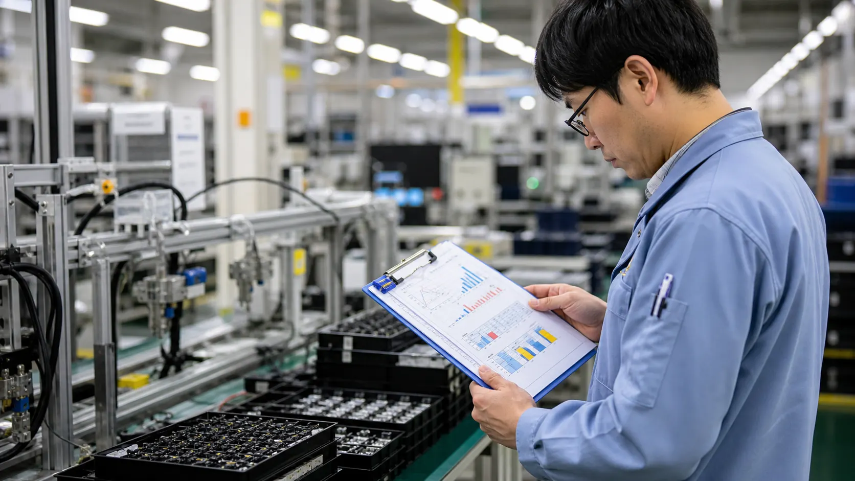 電子部品工場で在庫と設備稼働から半導体循環を確認する担当者