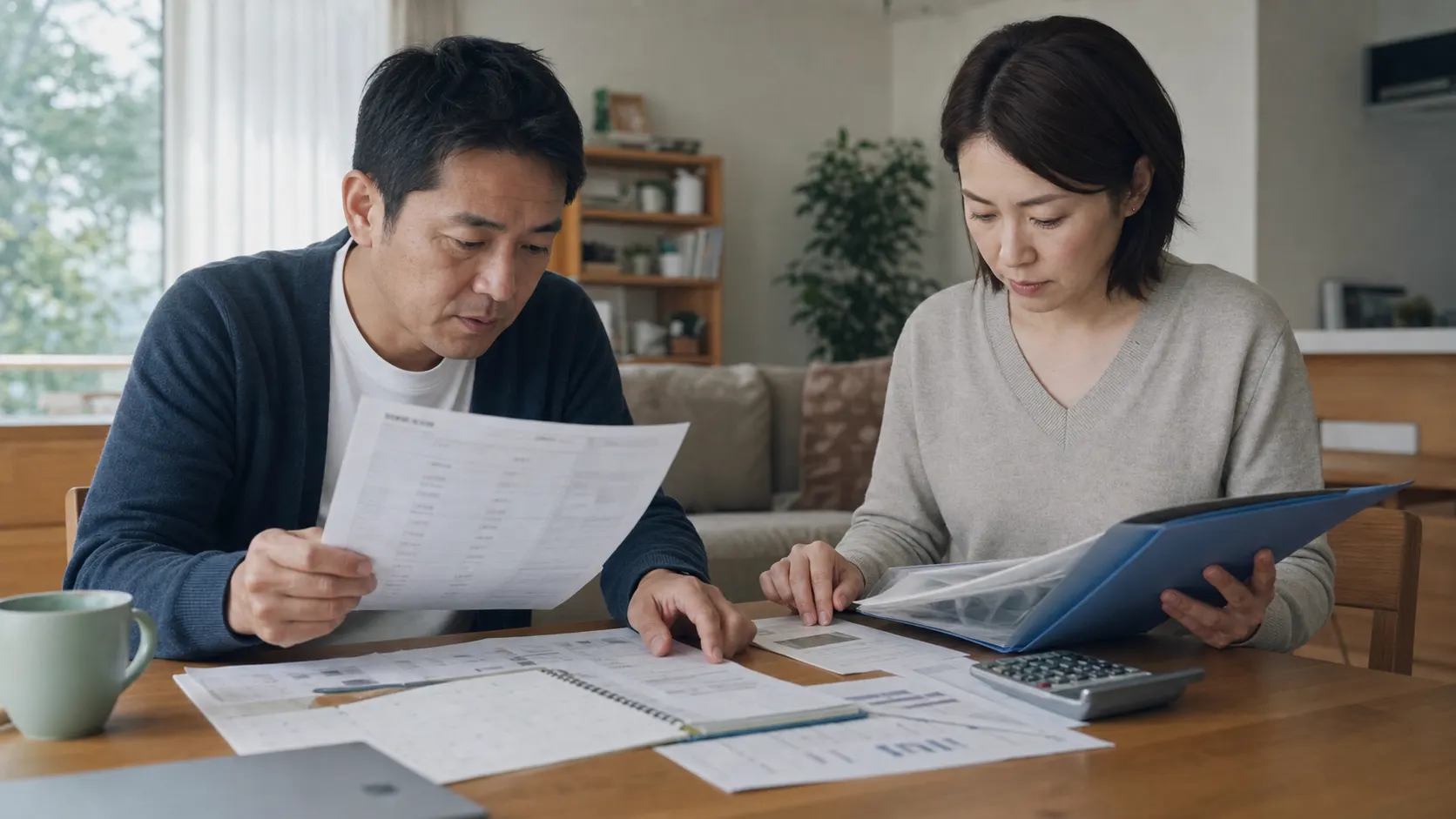 金利上昇時の住宅ローンと預金条件を家計資料で確認する夫婦