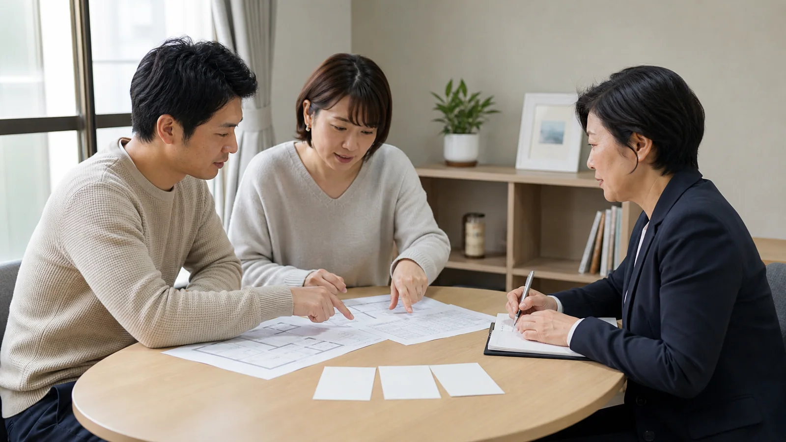 住宅ローンの固定金利と変動金利を相談員と比較する二人