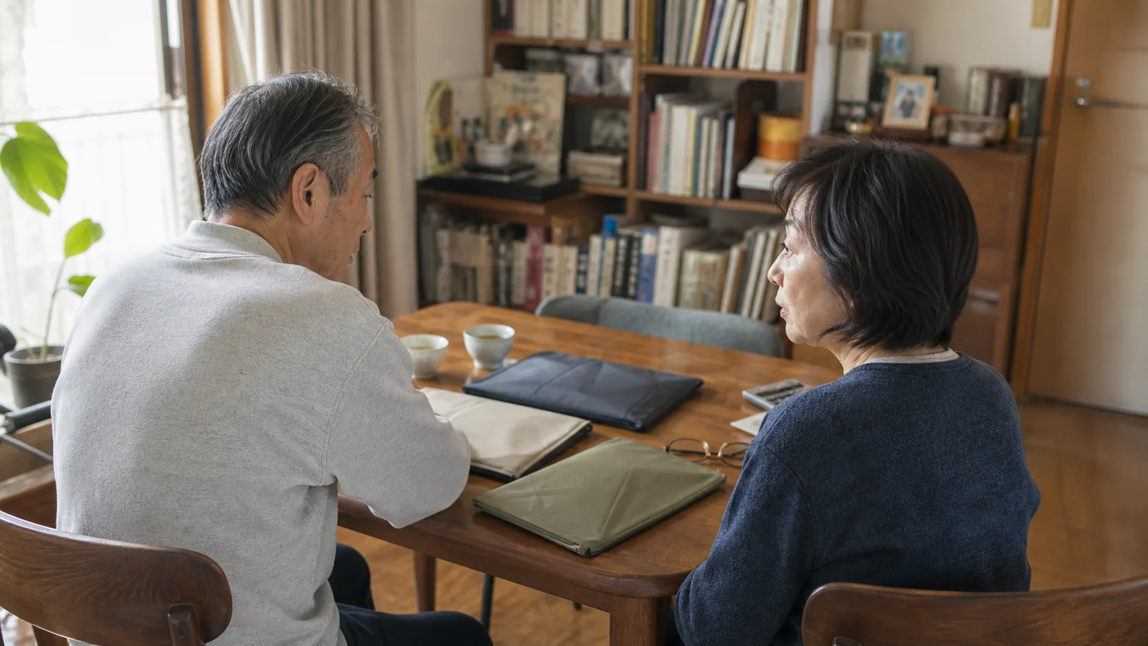 自宅で退職金の使い道を話し合う夫婦