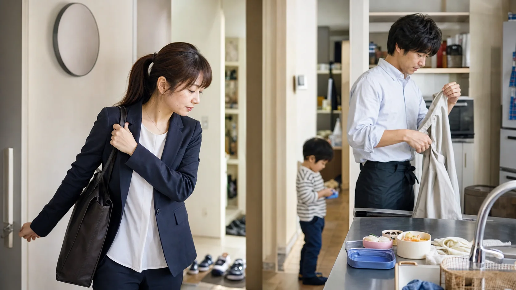 仕事と子育ての予定を調整する共働き家庭