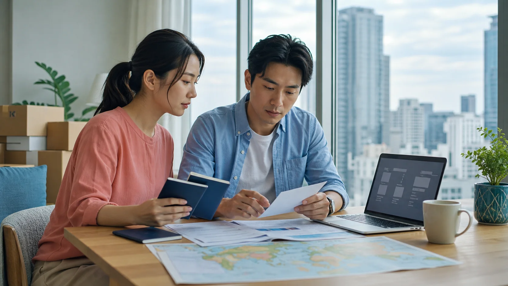 海外生活に伴う送金や税務の書類を確認する夫婦