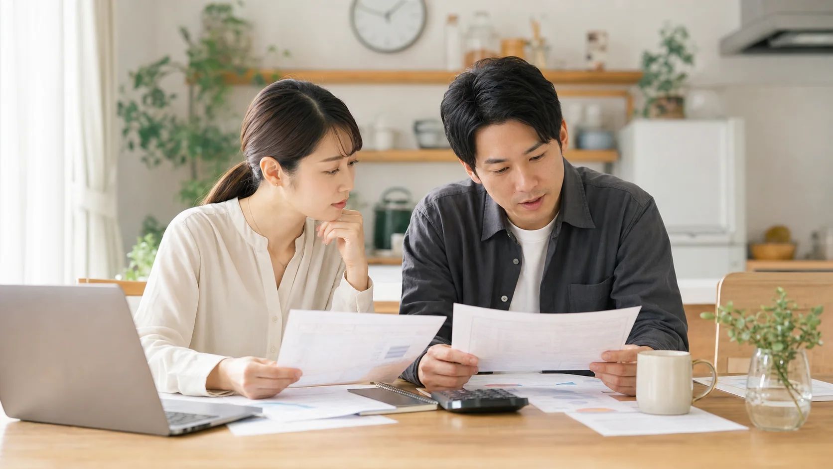 家庭で仕事と家計に関する資料を確認する夫婦
